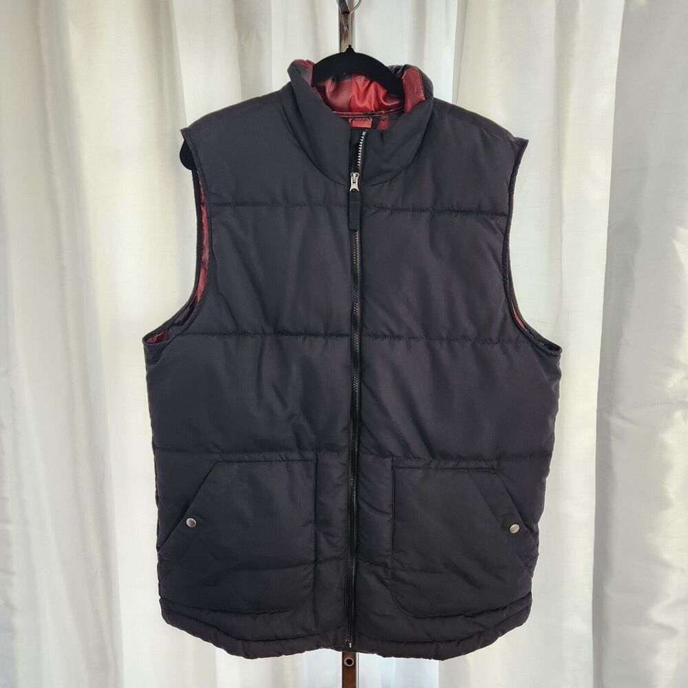 The Foundry Mens LT Puffer Vest Black Buffalo Plaid Lining Big And Tall